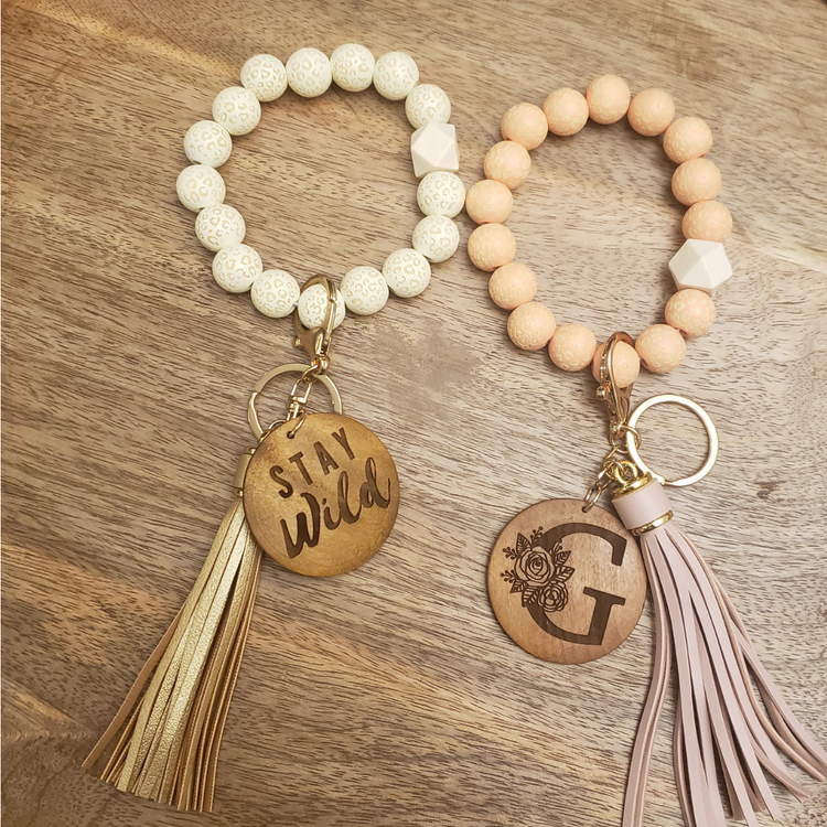 Wooden Beaded Wristlet Keychains -Leopard Print